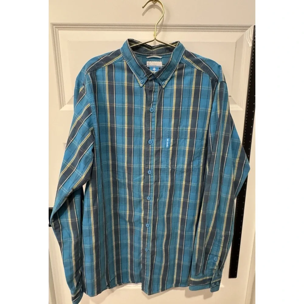 COLUMBIA Men's Long Sleeve Plaid Shirt Jacket Large L Tall Blue Casual Rugged